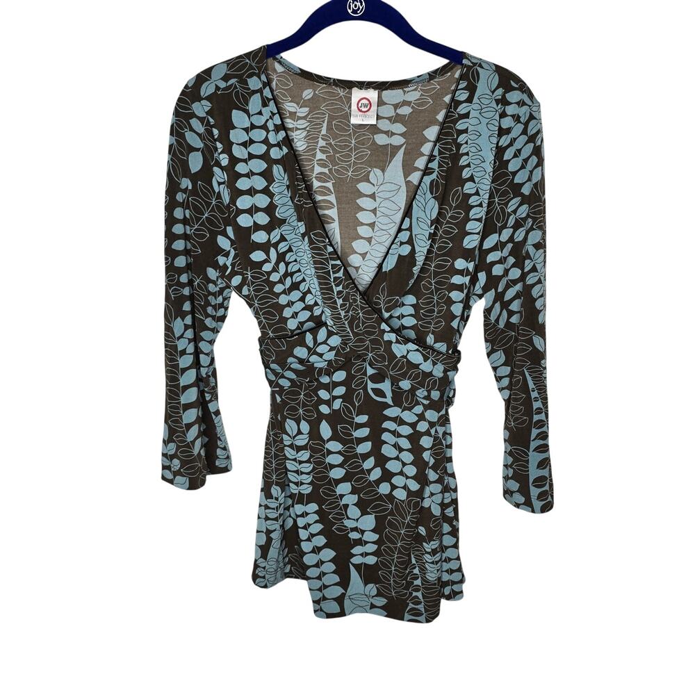 JW Maternity San Francisco Brown Blue Botanical Faux Wrap Top Tie Back Sz Large